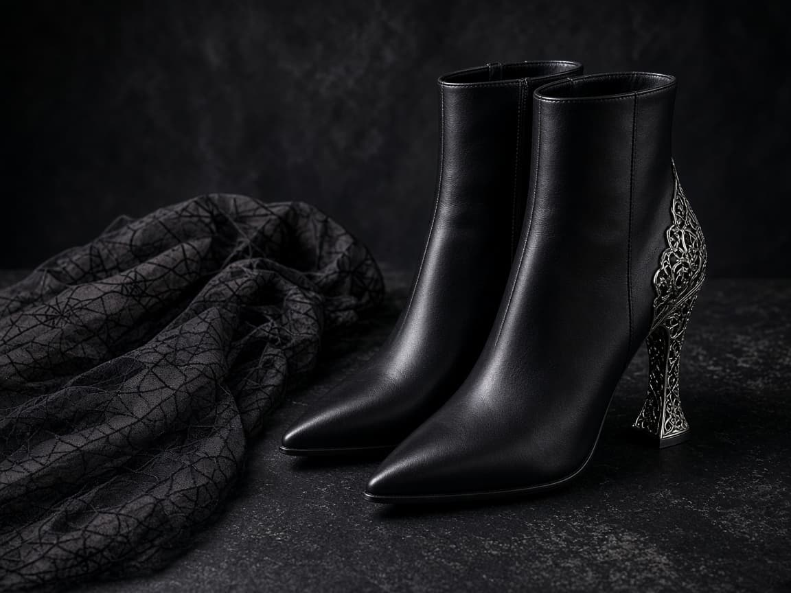 Black ankle boots with metallic heels and spiderweb tights
