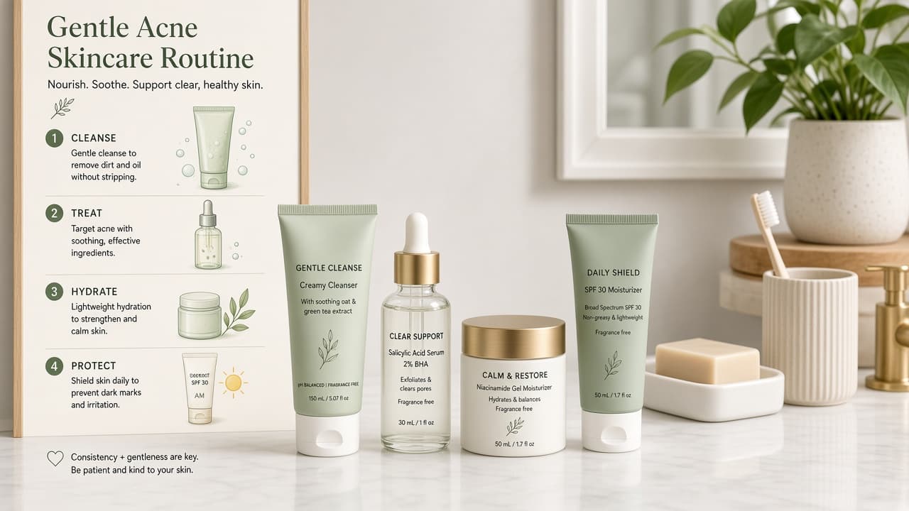 Gentle cleanser moisturizer and sunscreen arranged for a simple acne-friendly routine