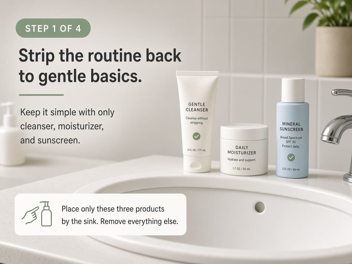 Sink with only cleanser moisturizer and sunscreen bottles