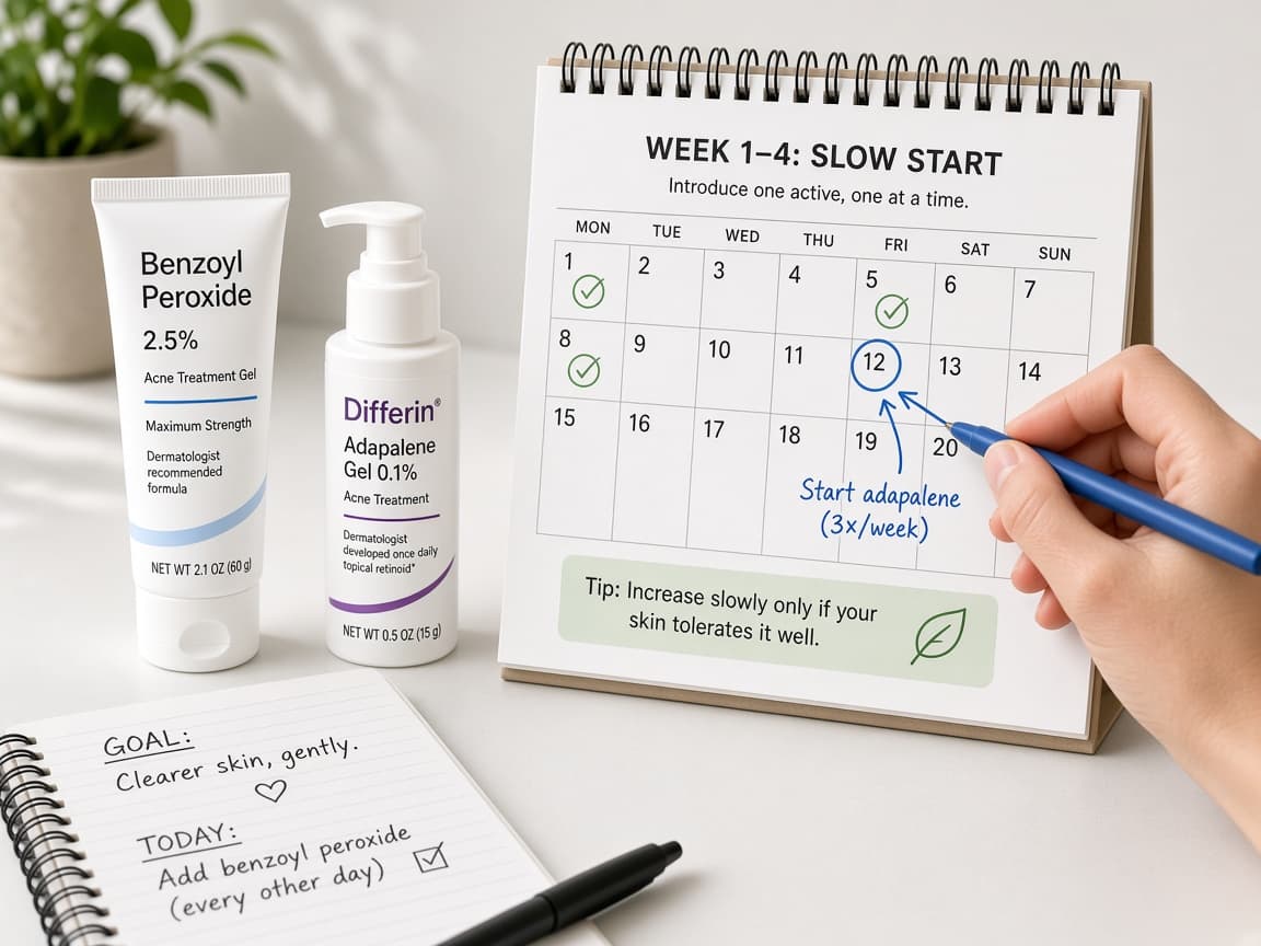Benzoyl peroxide and adapalene packages beside a calendar