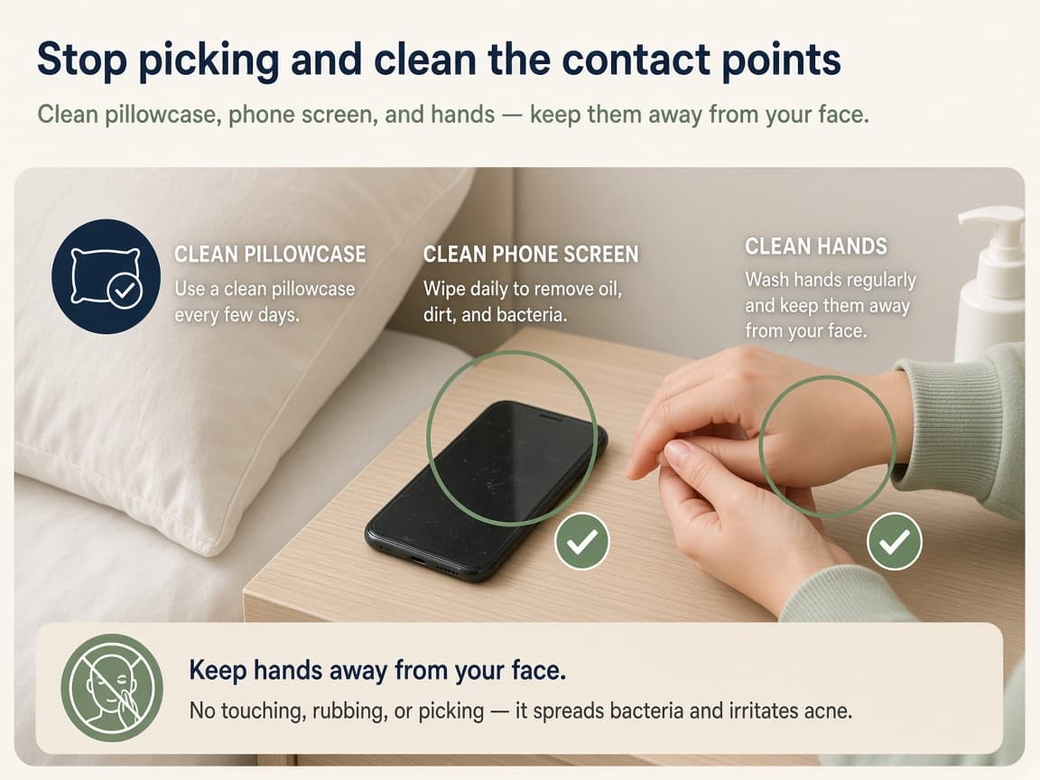 Clean pillowcase phone screen and hands away from the face