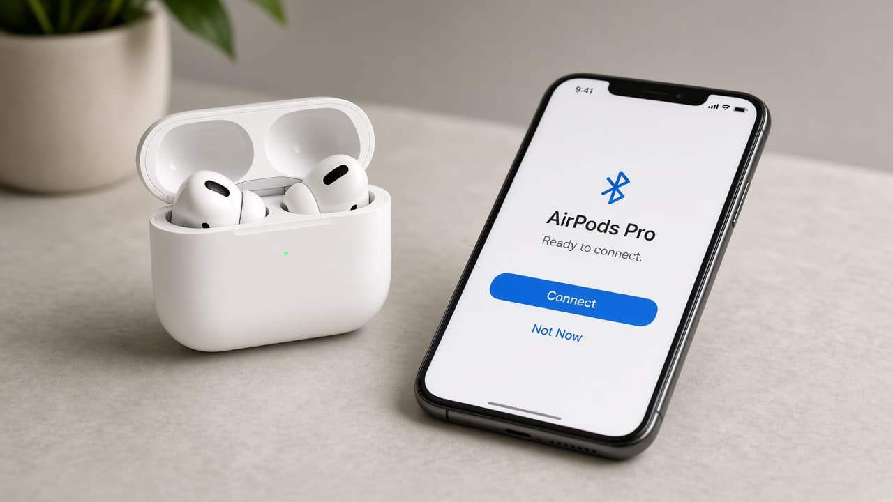 Open AirPods charging case held beside an iPhone showing a Connect pairing banner