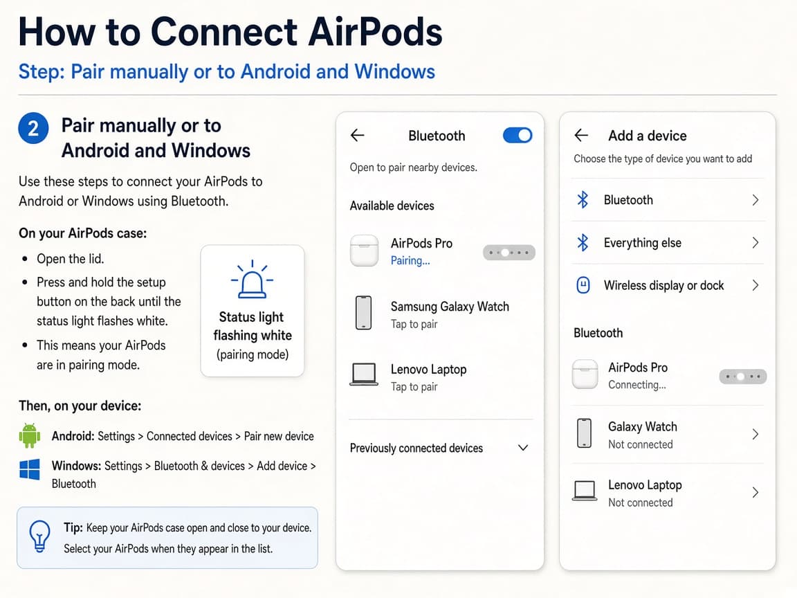 Illustrative AirPods case status light flashing white beside a Bluetooth settings list