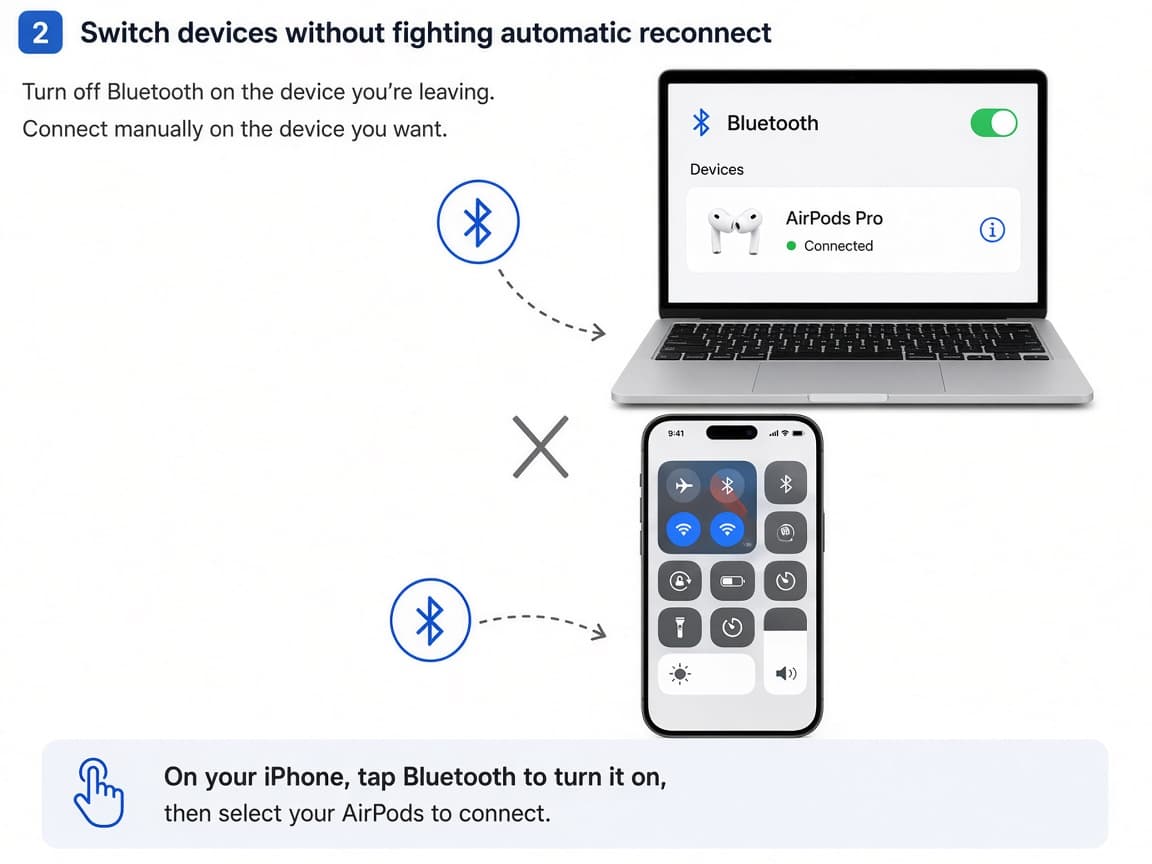 Illustrative iPhone Bluetooth off while a laptop shows AirPods connected