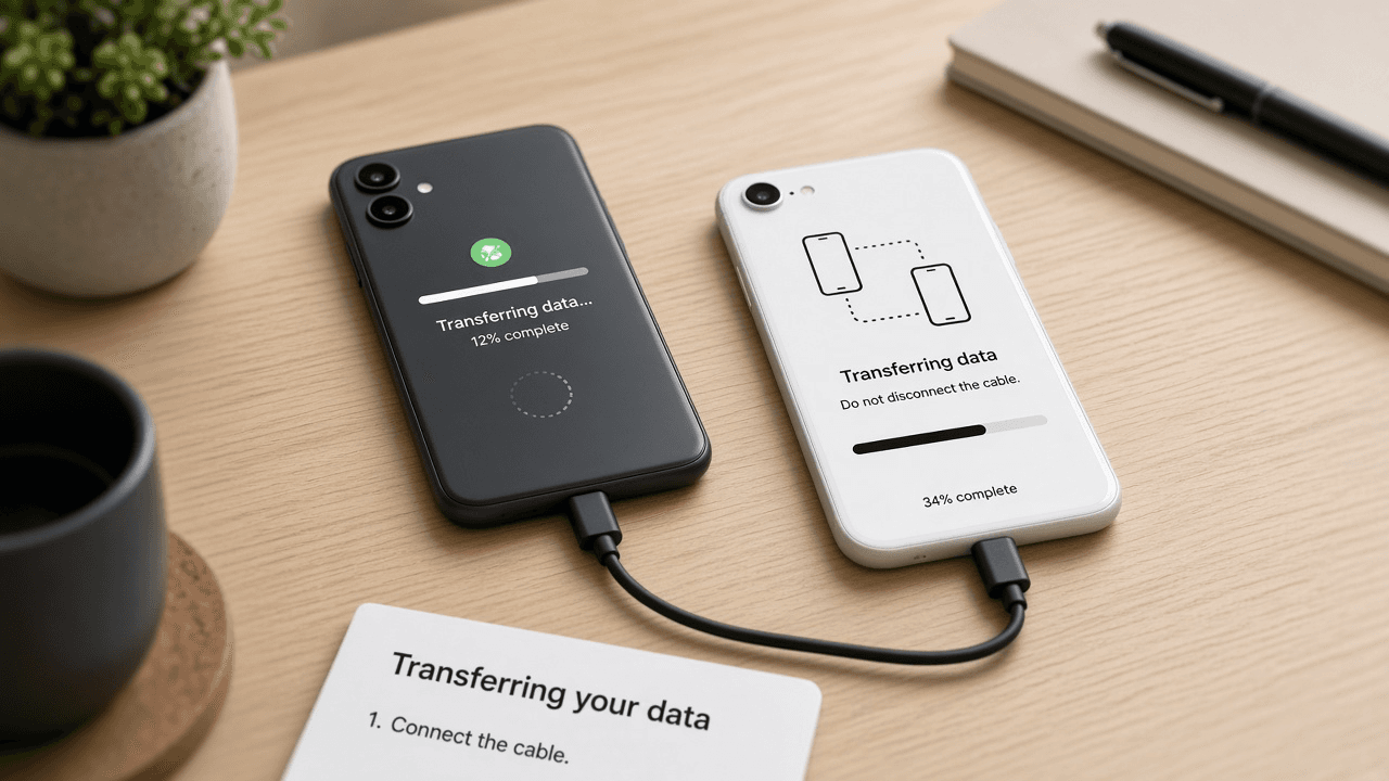 Android phone and new iPhone side by side showing Move to iOS transfer screen