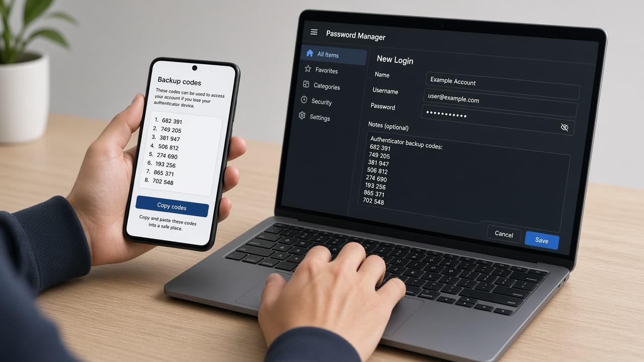 Person copying authenticator backup codes into a password manager