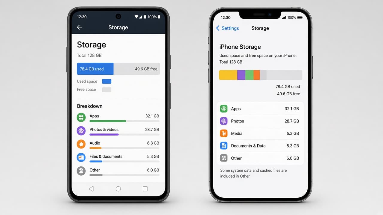 Storage settings compared on Android and iPhone side by side