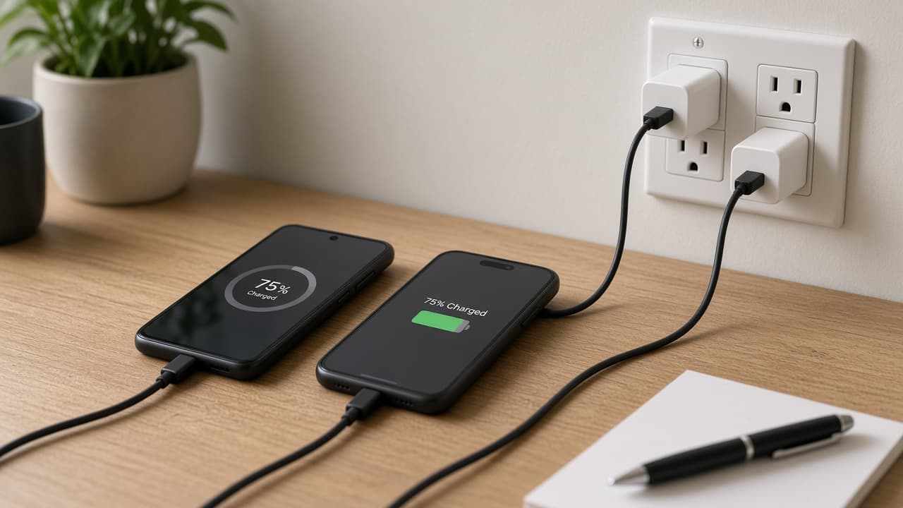 Both phones plugged into chargers before transfer starts