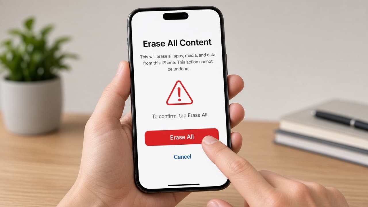 iPhone showing Erase All Content and Settings confirmation