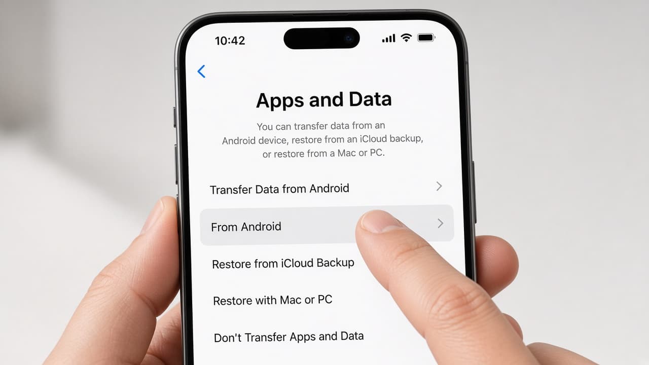 iPhone Apps and Data screen with From Android highlighted