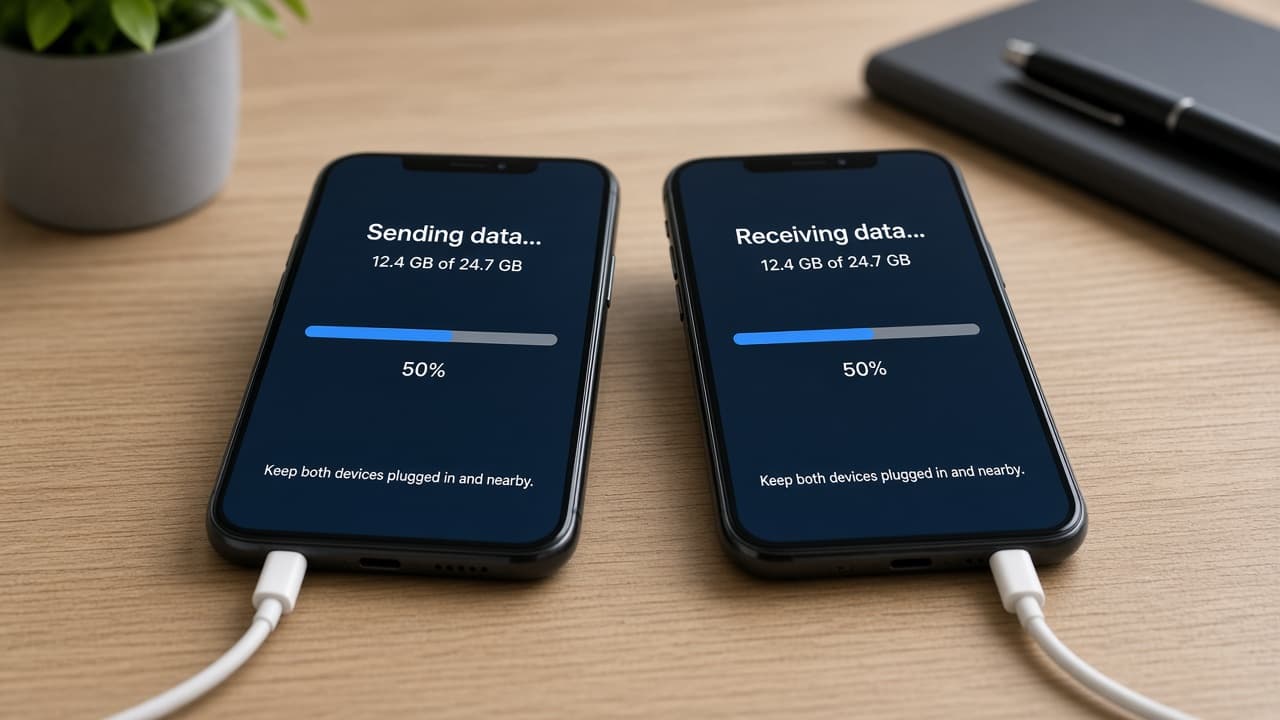Two phones side by side showing an active transfer progress bar