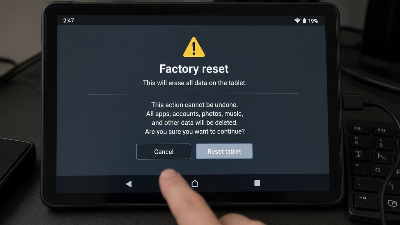 Android reset warning screen left untouched during a stalled transfer