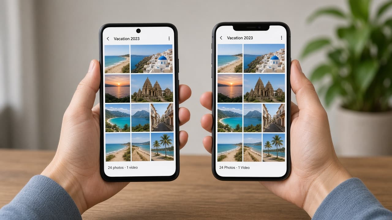 Person comparing a trip photo album on both phones