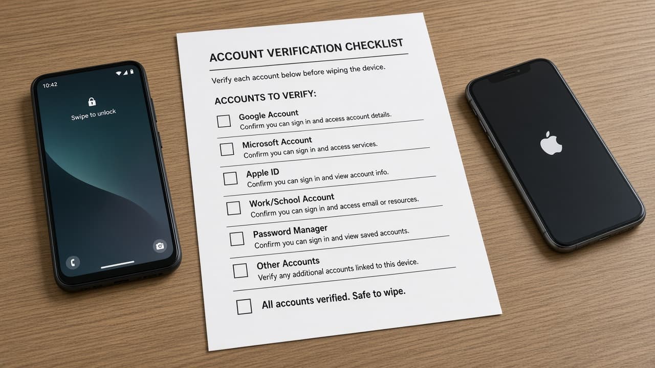 Android phone still powered on beside a checklist of accounts to verify