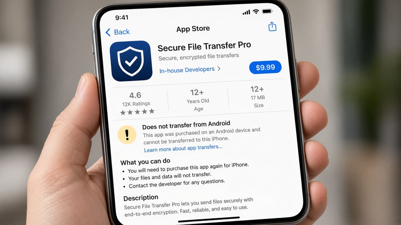 App Store product page showing a paid app with no Android license transfer