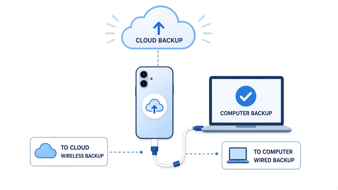 Smartphone on Wi-Fi and charge showing a completed cloud backup beside a laptop with copied photos