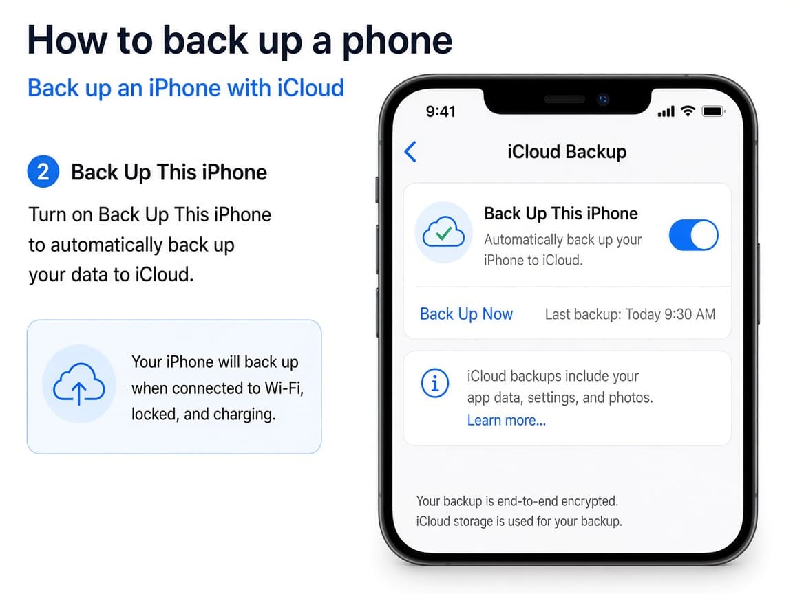 Illustrative iPhone iCloud Backup screen with Back Up This iPhone enabled