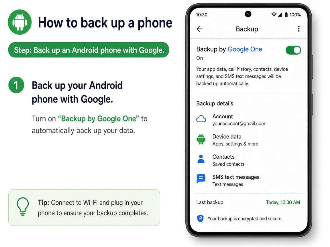 Illustrative Android backup settings with Backup by Google One enabled
