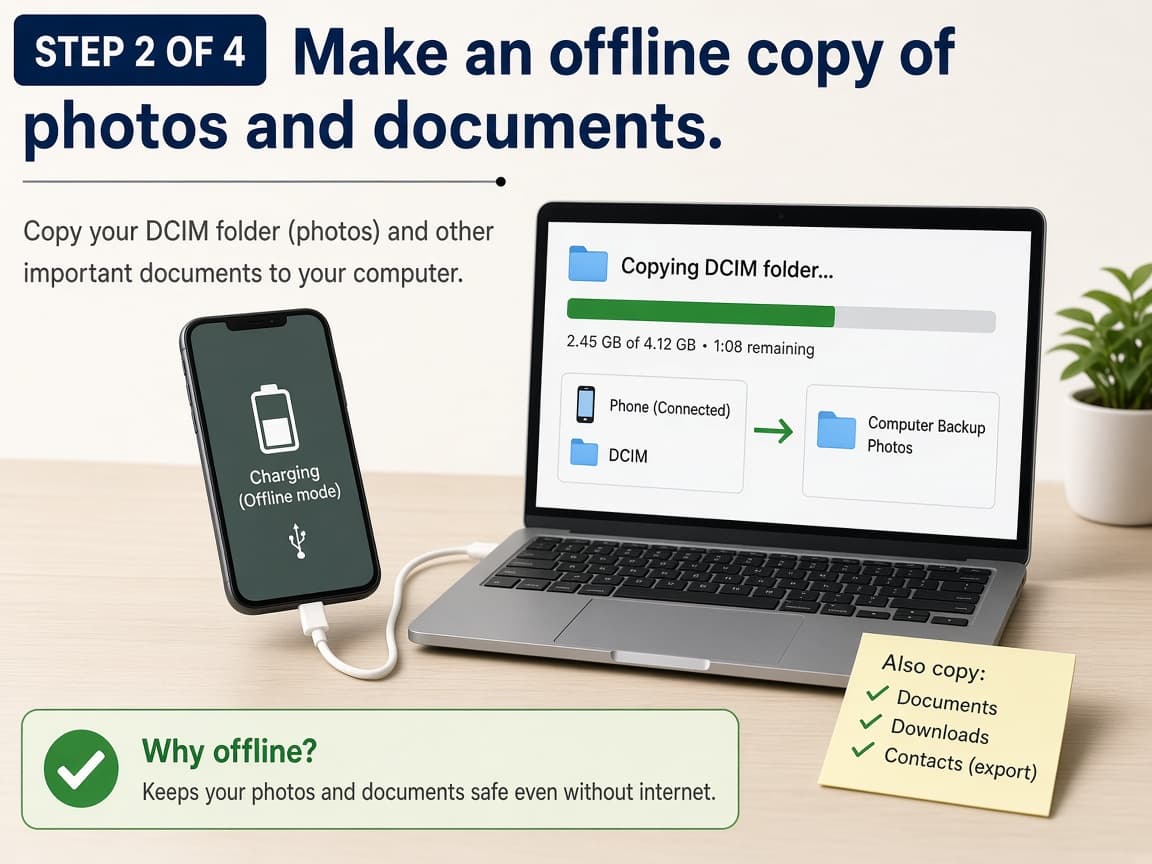 Illustrative phone connected by USB copying the DCIM folder to a laptop