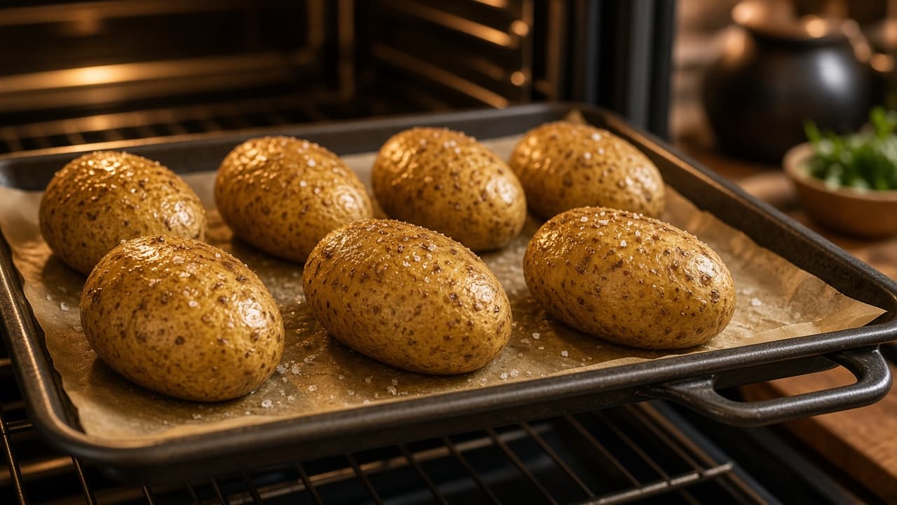 Baked russet potato split open with steam rising from the fluffy interior