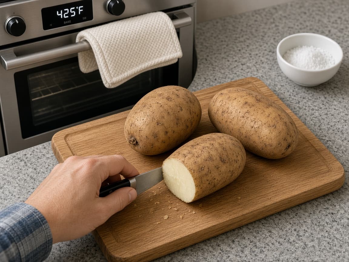 Scrubbed russet potatoes on a cutting board