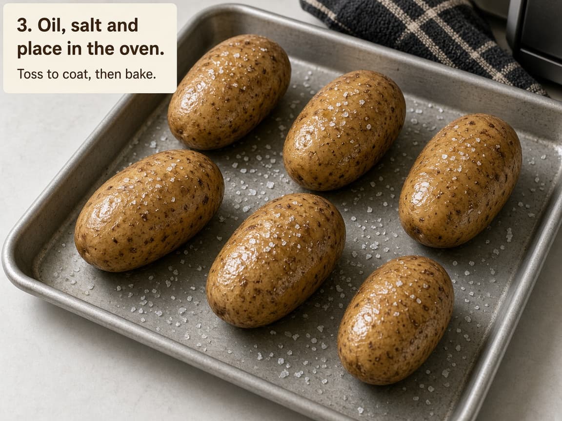 Oiled and salted potatoes on a sheet pan