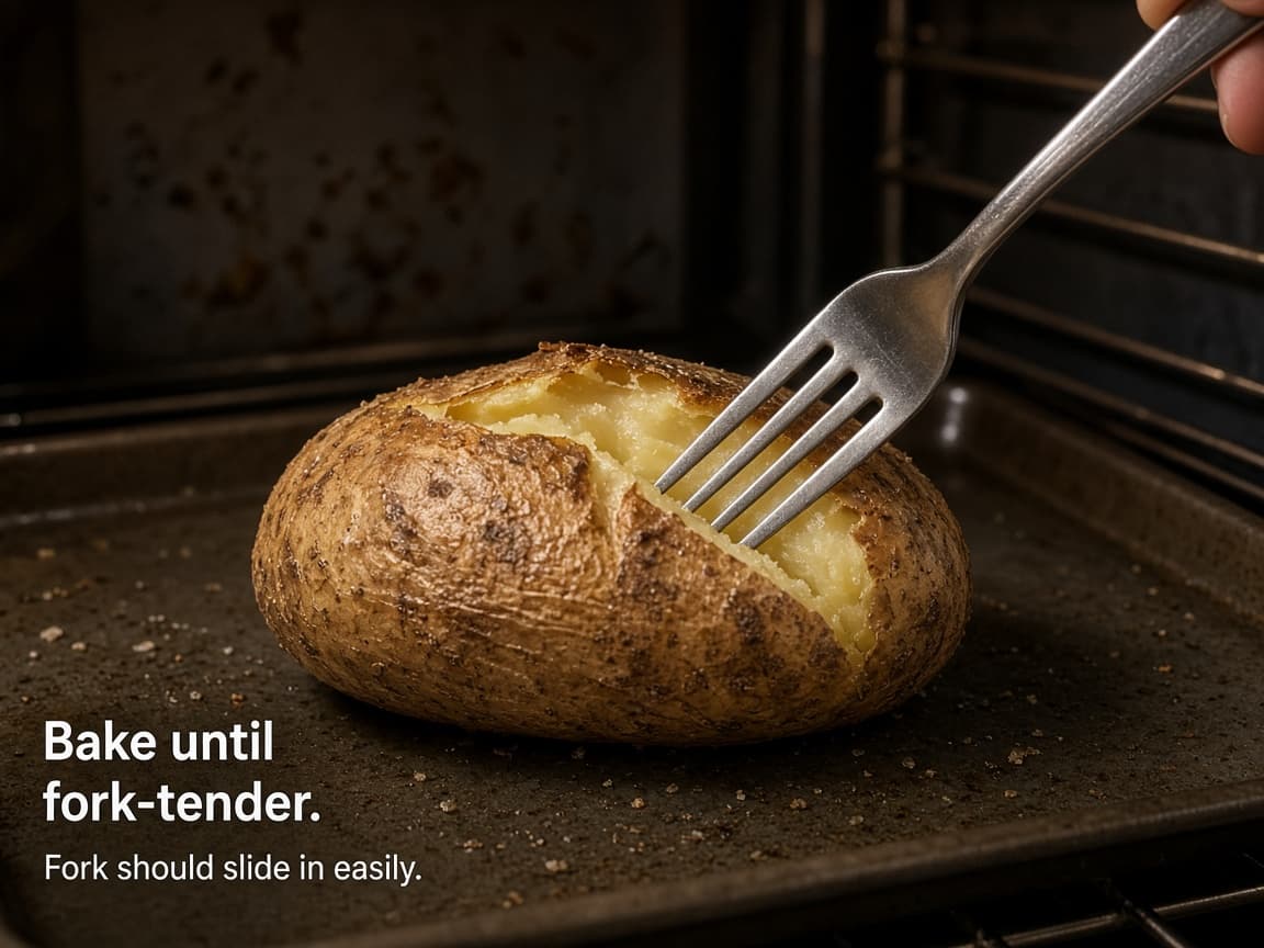 Fork sliding into a baked potato in the oven