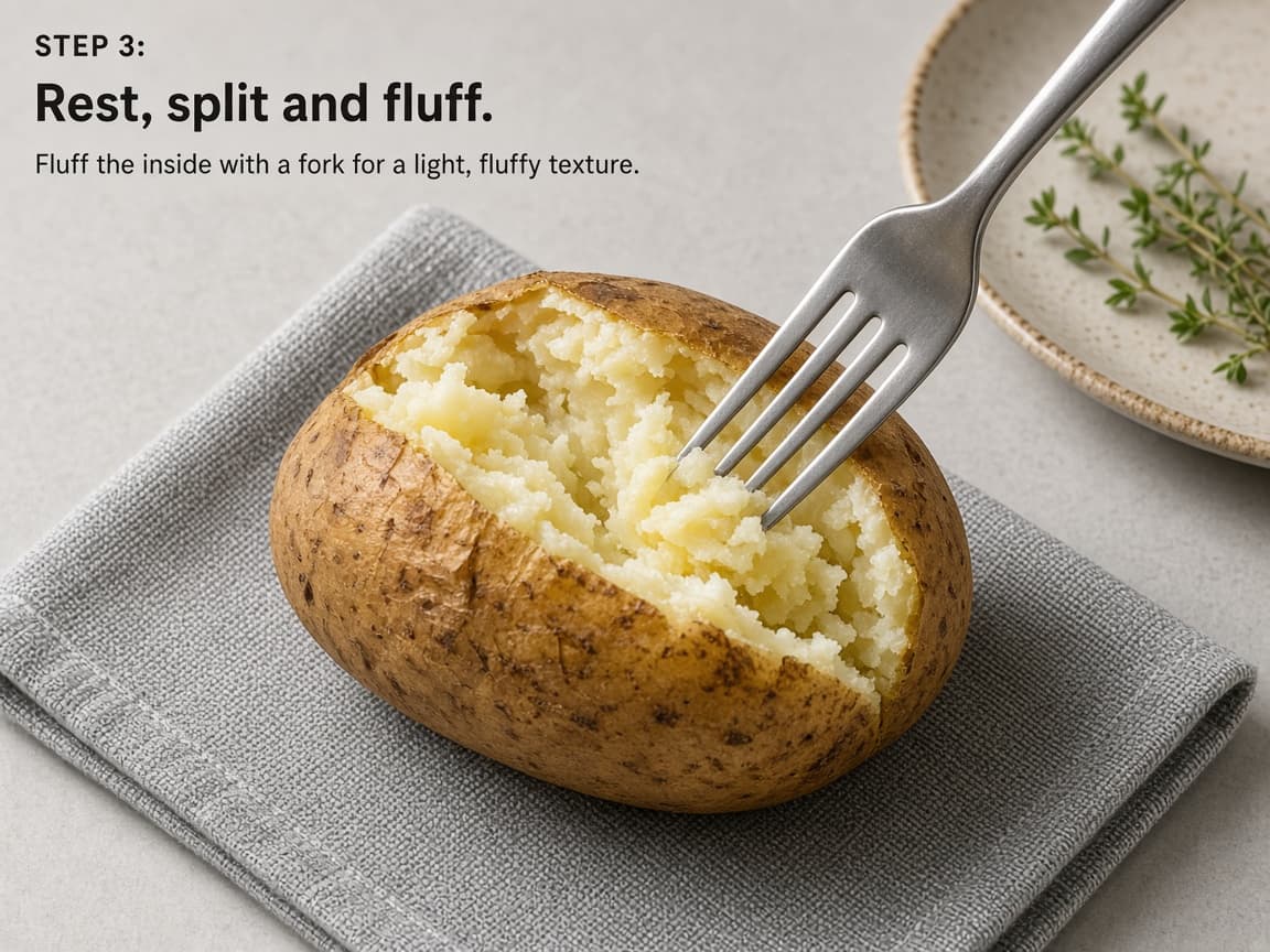 Split baked potato fluffed with a fork