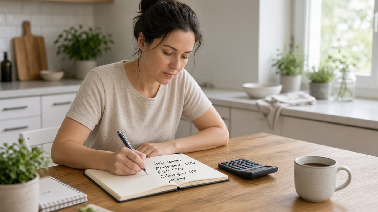 Person calculating a modest daily calorie gap in a notebook