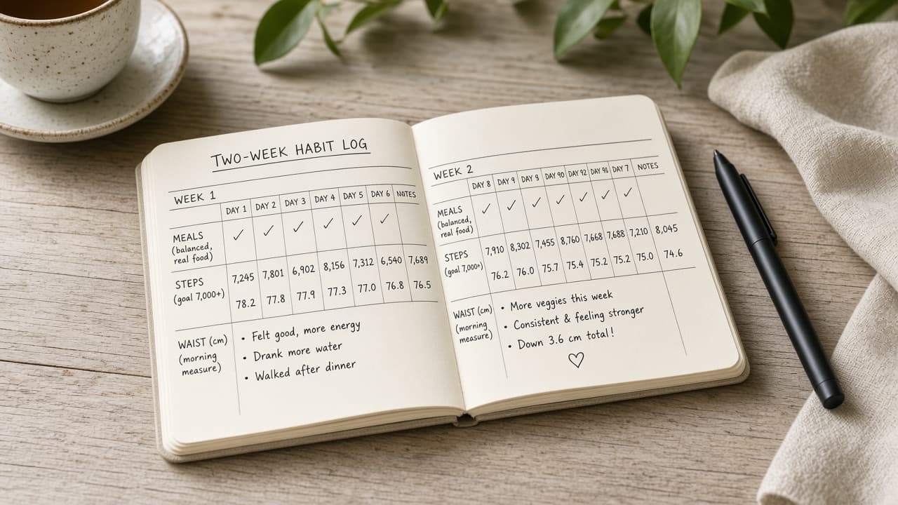 Two-week habit log with meals steps and waist notes