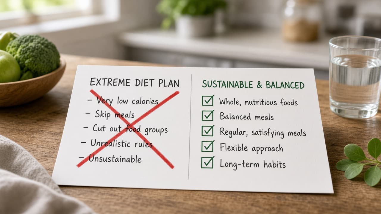 Crossed-out extreme diet plan beside a modest sustainable checklist
