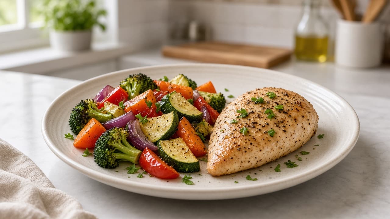 Dinner plate half filled with vegetables beside a protein portion