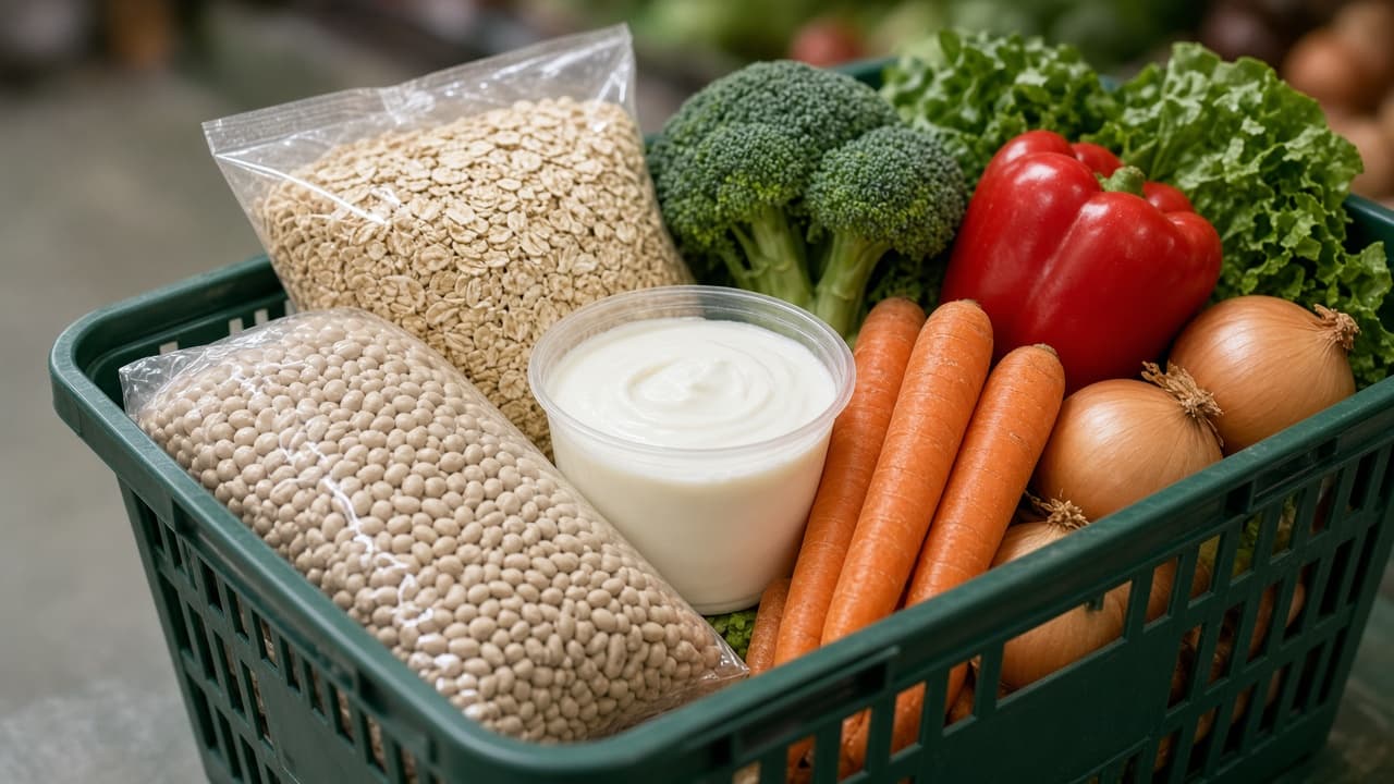 Grocery basket with beans oats produce and plain yogurt