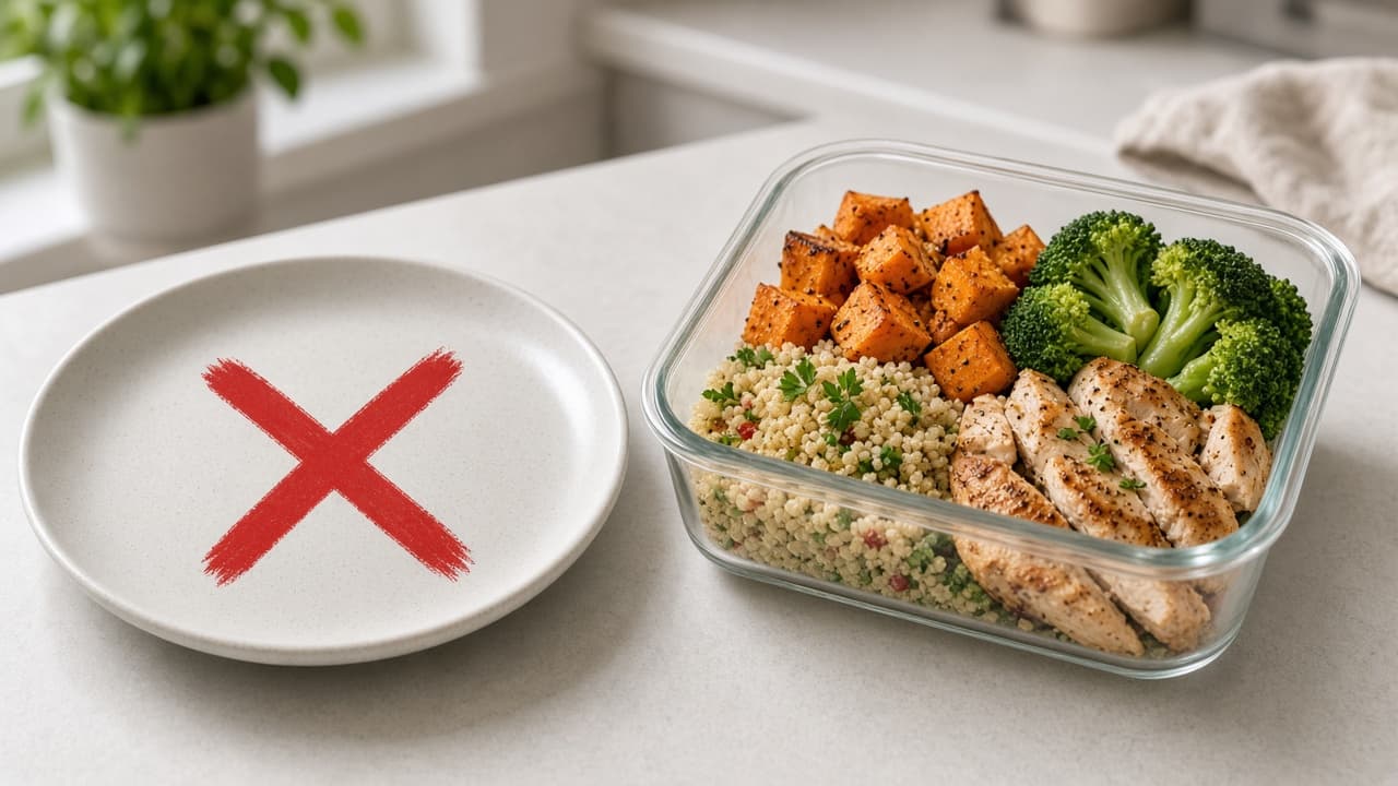 Empty lunch plate marked mistake beside a balanced packed lunch