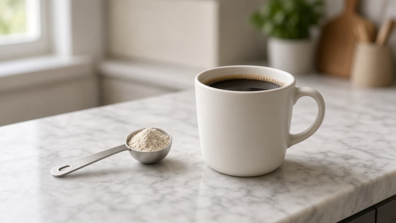 Measuring spoon of creamer beside a plain coffee mug