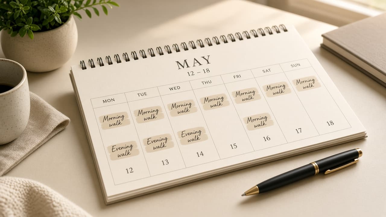 Calendar with short walk blocks scheduled morning and evening
