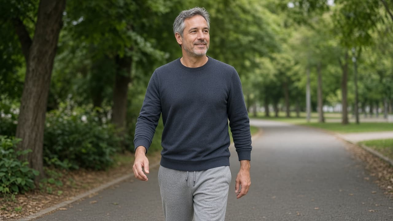 Walker checking an easy conversational pace on a path