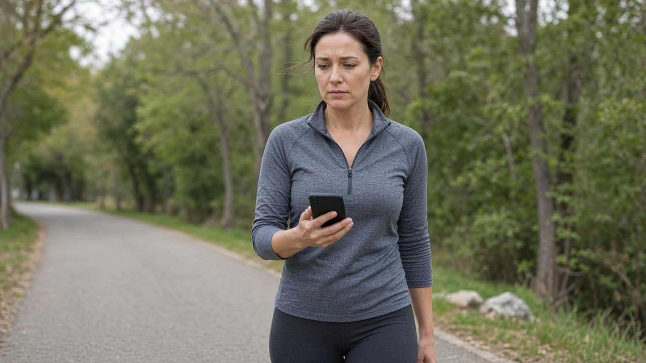 Person pausing a walk and reaching for a phone after warning symptoms