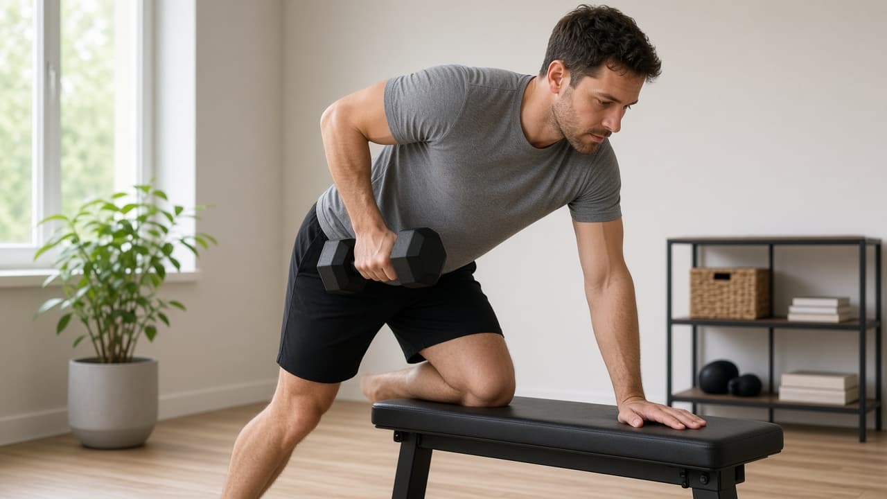 Person performing a dumbbell row with good posture