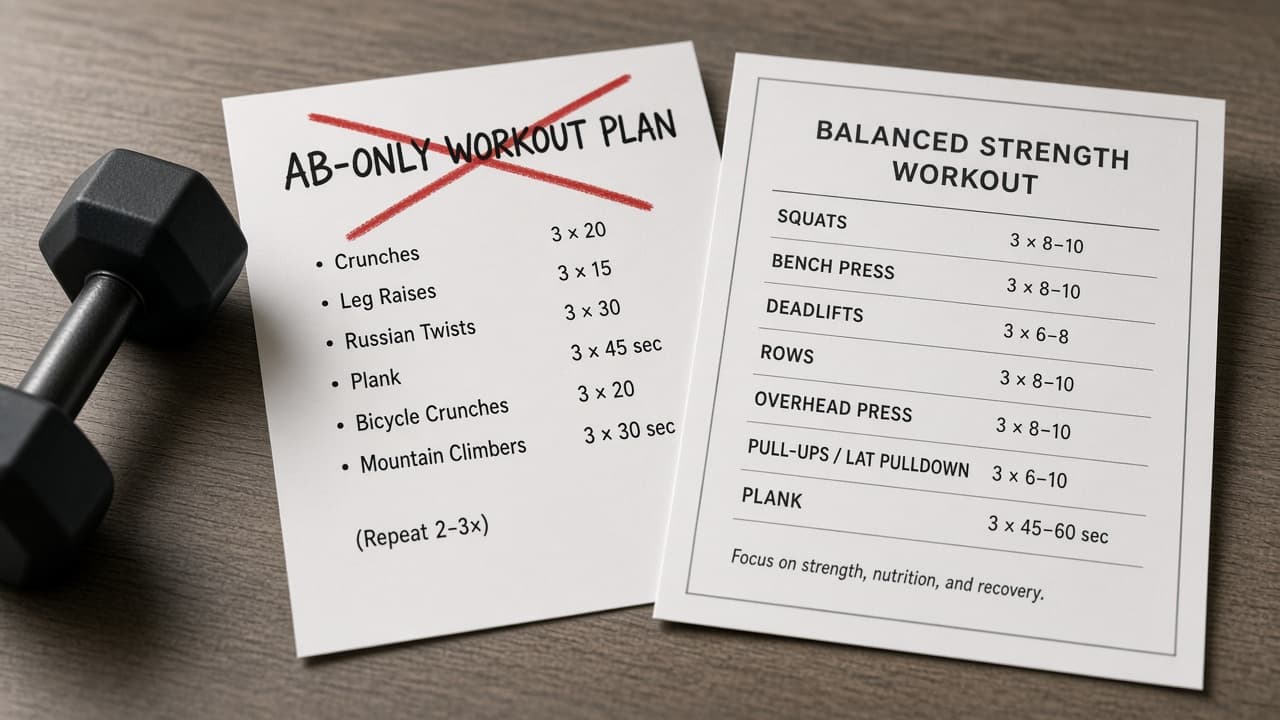 Ab-only workout plan crossed out beside a balanced strength card