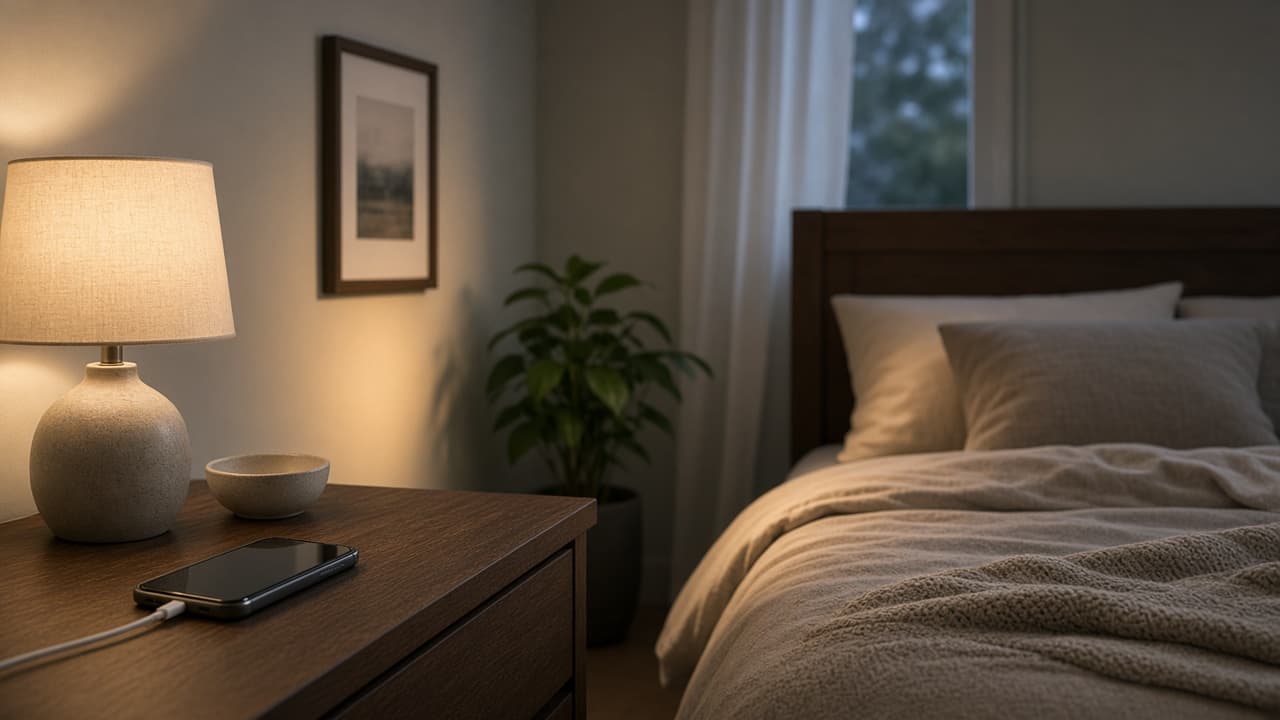 Phone charging on a dresser away from the bed