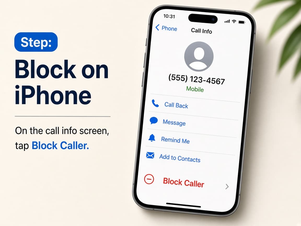 iPhone call info screen with Block Caller at the bottom