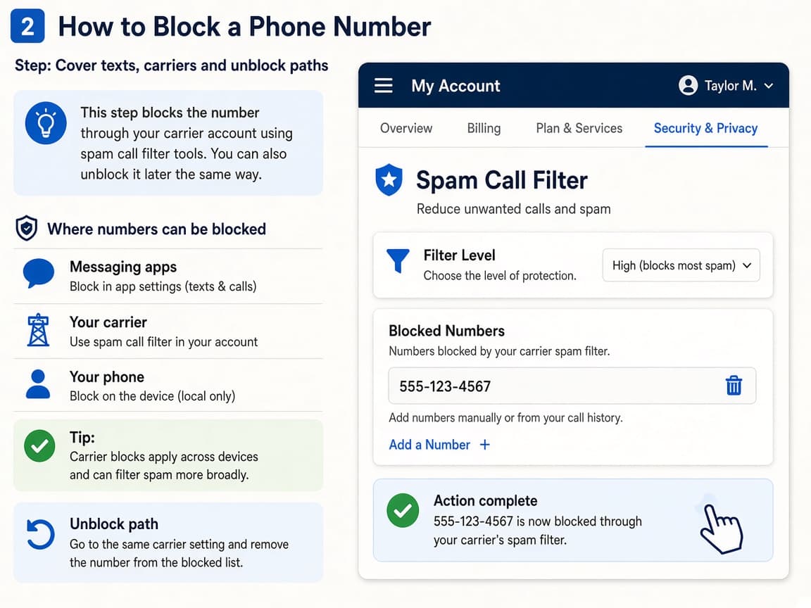 Carrier account page showing spam call filter options
