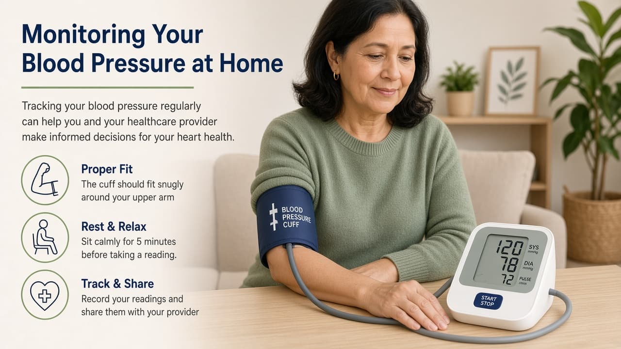 Home blood pressure cuff on a table beside a food log and walking shoes