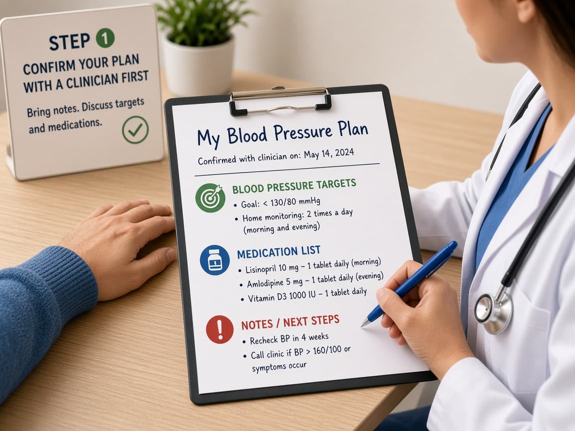 Appointment notes with blood pressure targets and medication list