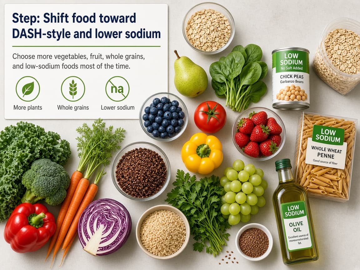 Grocery spread of vegetables fruit whole grains and low-sodium labels