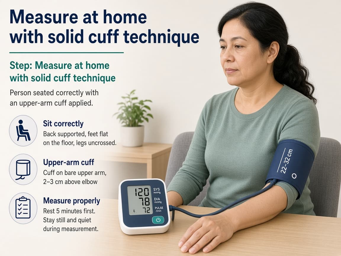 Person seated correctly with an upper-arm cuff applied