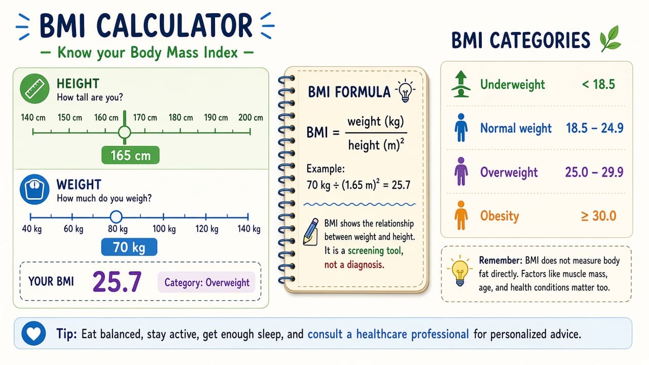 Tape measure calculator and notebook showing a BMI formula worked by hand