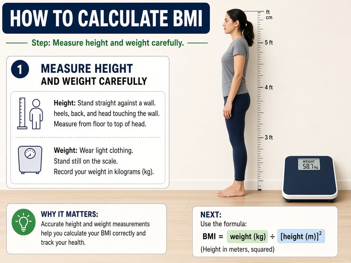 Person measuring height against a wall while a scale sits nearby