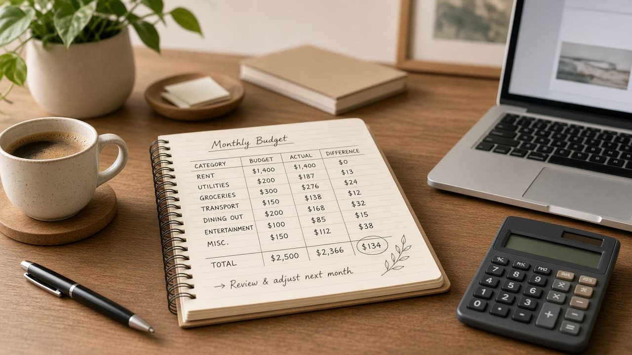 Notebook, calculator and labeled envelopes laid out for a monthly household budget